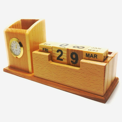Wood Table Clock with Pen Holder & Mobile Stand