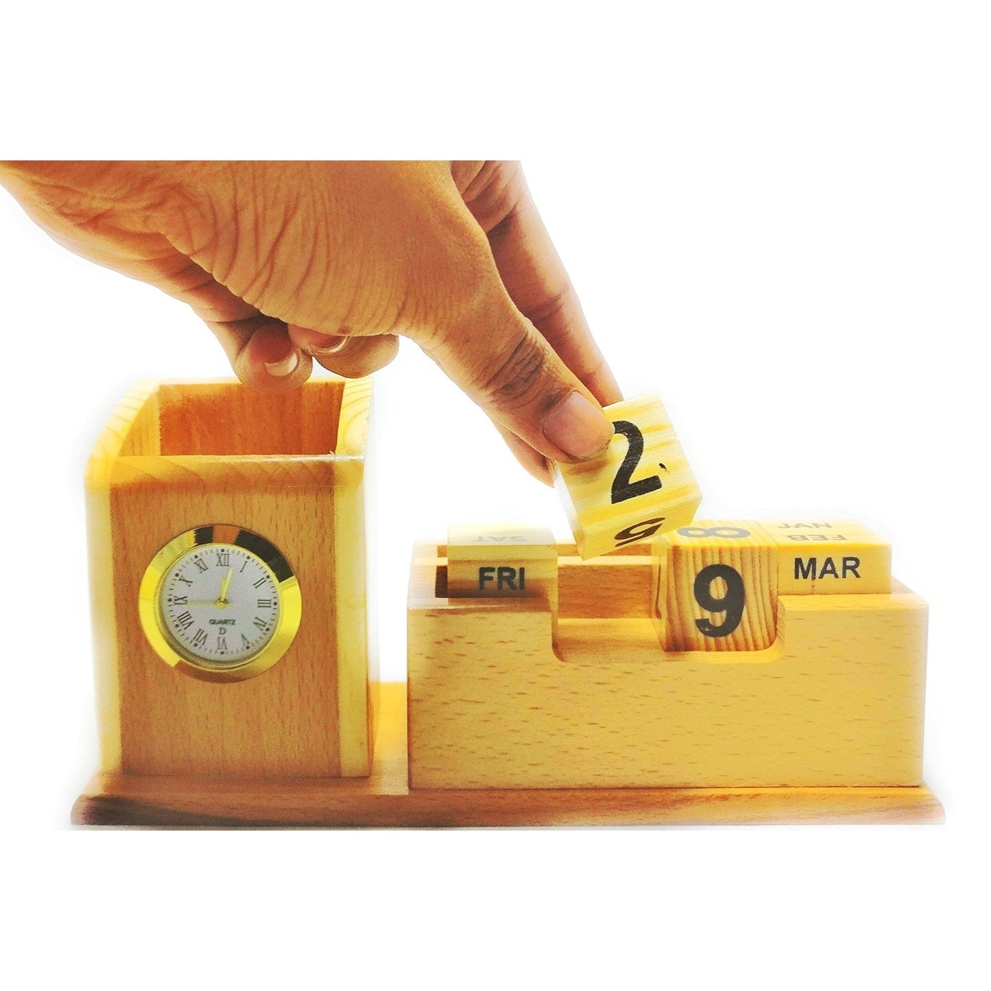 Wood Table Clock with Pen Holder & Mobile Stand