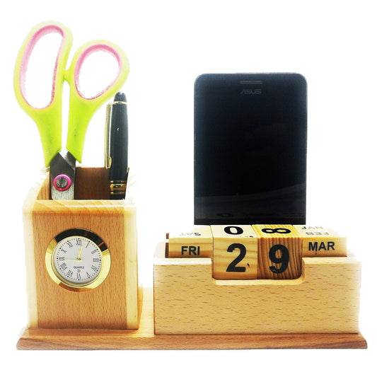 Wood Table Clock with Pen Holder & Mobile Stand